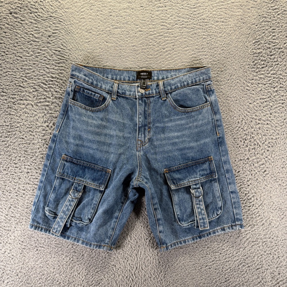 Forever 21 Shorts Mens 33 Blue Cotton Denim Bermuda Cargo Utility Streetwear